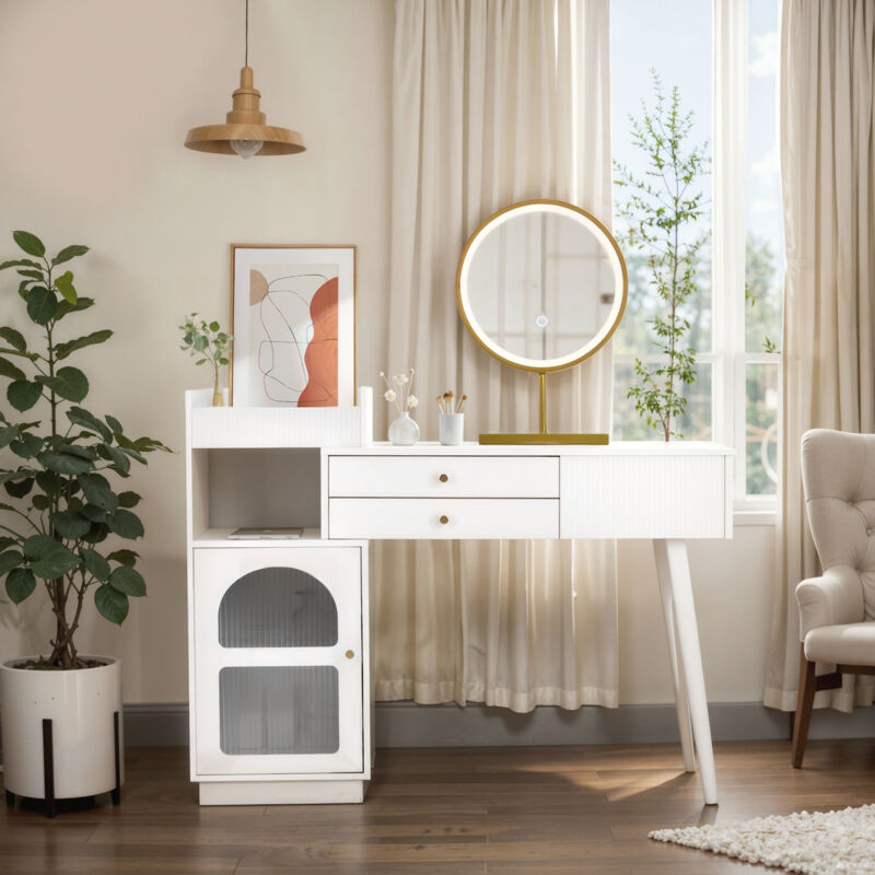 Neche - Coiffeuse Moderne en bois avec Miroir led Éclairage Réglable,3 Tiroirs + Armoire latérale,Design extensible - 120x40x90cm Blanc Sans tabouret
