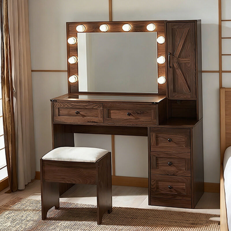 Coiffeuse Moderne Style Campagne avec Station de Charge + Prise + Ampoule, Table de Maquillage équipée de Miroir Éclairé + Tiroirs, Avec Tabouret,