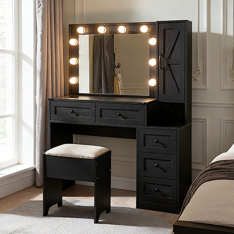 Coiffeuse Moderne Style Campagne avec Station de Charge + Prise + Ampoule, Table de Maquillage équipée de Miroir Éclairé + Tiroirs, Avec Tabouret,