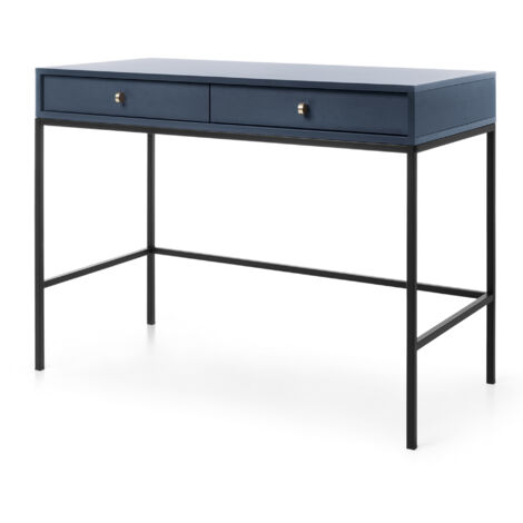 Coiffeuse MONCTON - Bleue - Poignées Métalliques - 2 Tiroirs - Largeur 104 cm, Hauteur 77 cm, Profondeur 50 cm
