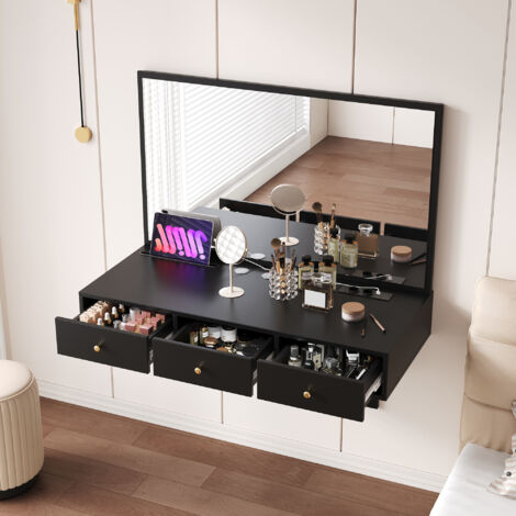 Coiffeuse murale noire avec miroir, 3 tiroirs de rangement, prise de courant, 100x45×105 cm