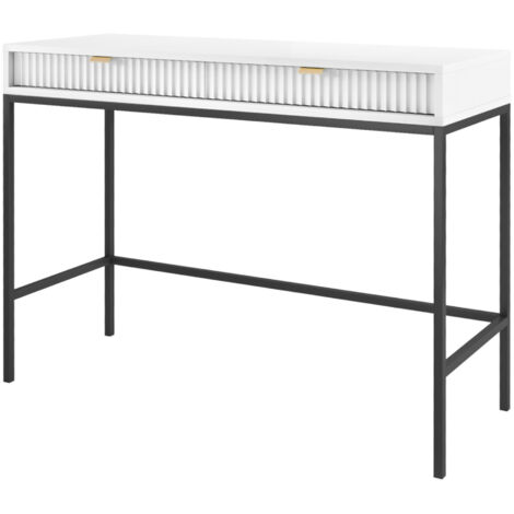 Coiffeuse NANAIMO - Blanche - Poignées Dorées - Deux Tiroirs - Largeur 104 cm, Hauteur 77 cm, Profondeur 50 cm