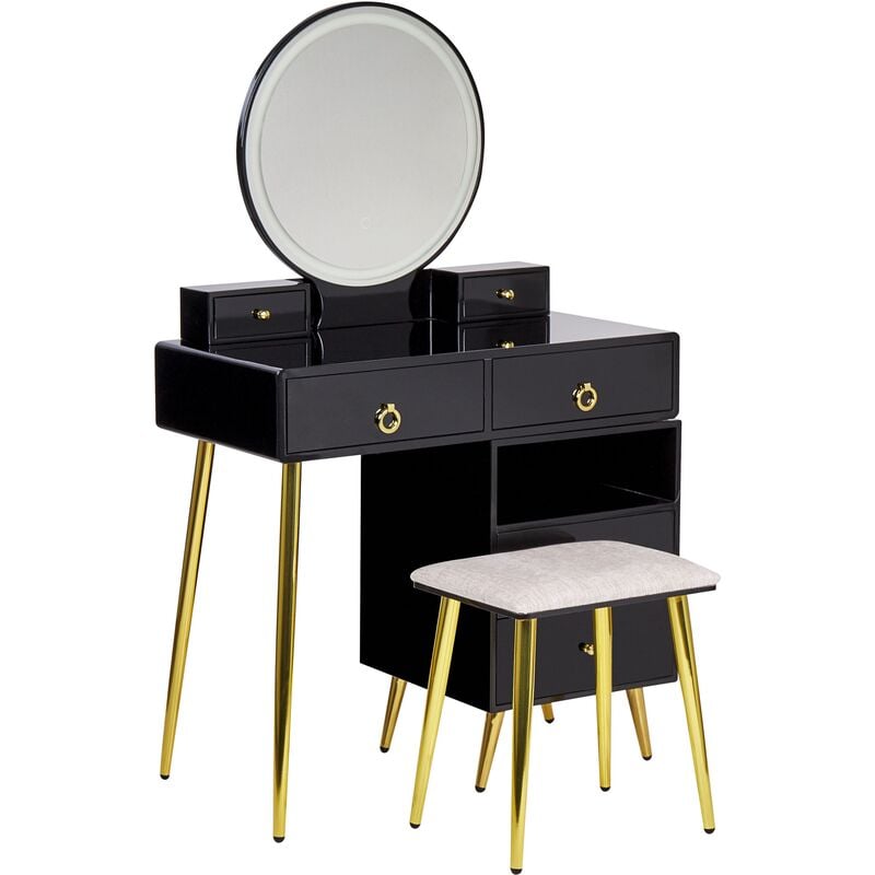 beliani - coiffeuse noir et doré en métal mdf et polyester avec tabouret et miroir yves - noir