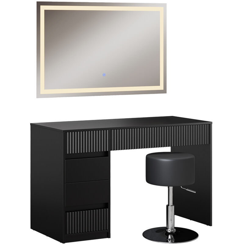Vicco - Coiffeuse Omira, Noir, 120 cm avec miroir led et tabouret