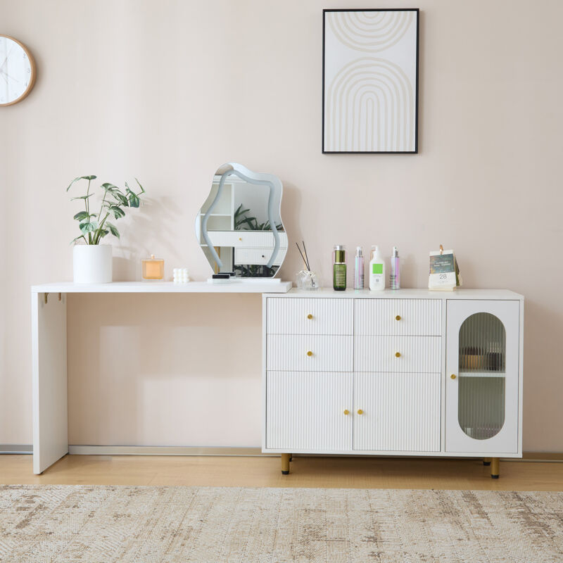 Modernluxe - Coiffeuse pivotante escamotable avec miroir à led - 4 tiroirs et 3 compartiments - Blanc (tabouret non inclus)