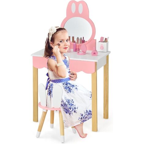 Coiffeuse pour enfant avec tabouret en forme de lapin, coiffeuse en bois pour fille avec miroir, plateau amovible et 1 grand tiroir, coiffeuse pour fille (blanche)