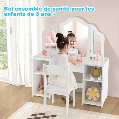 Coiffeuse pour Enfants 2 en 1 avec Chaise Miroir Amovible à Trois Volets 4 Compartiments de Stockage Blanc DESIGN IN