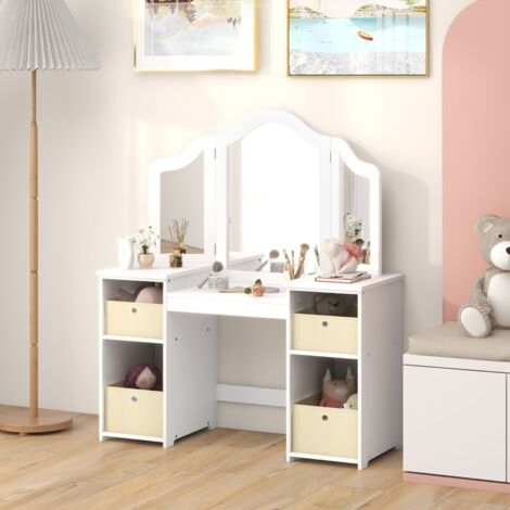 Coiffeuse pour Enfants Design Amovible 2 en 1 avec Coiffeuse et Bureau Coiffeuse de Maquillage Princesse avec 4 Grandes Étagères Blanc