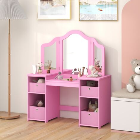Coiffeuse pour Enfants Design Amovible 2 en 1 avec Coiffeuse et Bureau Coiffeuse de Maquillage Princesse avec 4 Grandes Étagères Rose