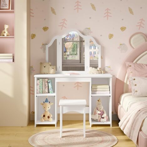 Coiffeuse pour Enfants WOLTU - avec Tabouret et Triple Miroir Amovible - en MDF - Petite Table de Maquillage pour Fille - Blanc
