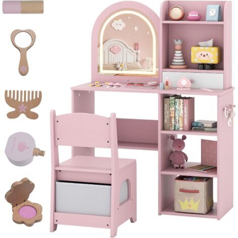 Coiffeuse pour filles avec miroir lumineux, coiffeuse avec tabouret et tiroirs, ensemble de maquillage complet pour chambres d'enfants à partir de 3 ans (rose)