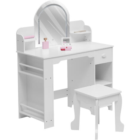Coiffeuse Princesse avec Miroir Lumineux et Tabouret –Table de Maquillage en Bois +Étagère à Livres,Tiroir et Étages Ouverts-Blanc