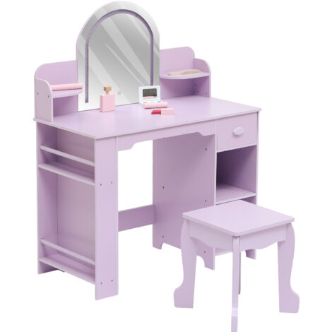 Coiffeuse Princesse avec Miroir Lumineux et Tabouret –Table de Maquillage en Bois +Étagère à Livres,Tiroir et Étages Ouverts-Violet