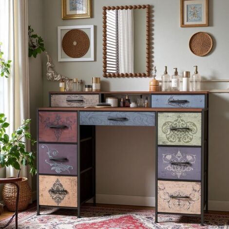 Coiffeuse Rétro Bohème avec 9 Tiroirs, Rangement Maximal - Coiffeuse avec Miroir et Tabouret - Coiffeuse Enfant Fille Adulte