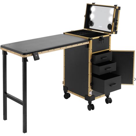 Coiffeuse roulante portable, station de manucure, coiffeuse pliante avec trois tiroirs, trousse à cosmétiques verrouillable avec miroir LED et organiseur pour vernis à ongles.