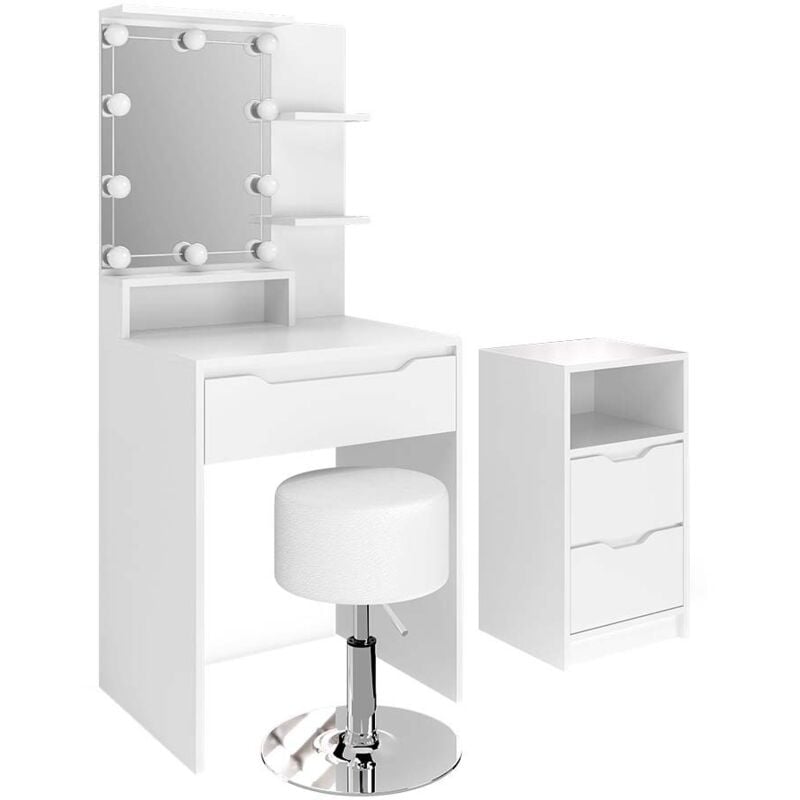 Coiffeuse Ruben, Blanc, avec armoire à tiroirs, éclairage led et tabouret Vicco