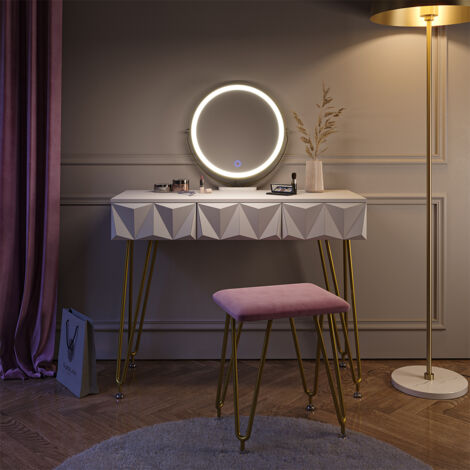 Coiffeuse Vicco Grace Avec Miroir LED Et Tabouret – Blanc – NEUVE