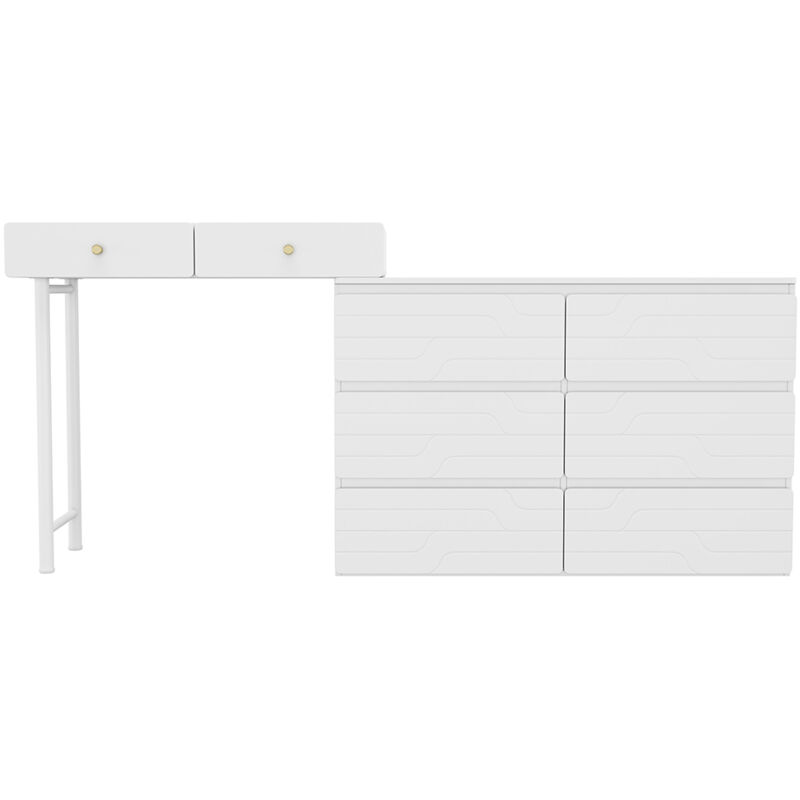 Gutent - Coiffeuse (sans chaise ni miroir), y compris buffet extractible, meuble de rangement 180x40x85cm, trois niveaux, six tiroirs, blanc blanc