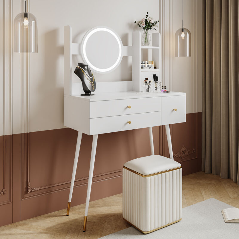 Okwish - Coiffeuse (sans chaises), avec miroir luminosité réglable, avec 3 tiroirs, accessoires luxueux plaqués or, coiffeuse haut de gamme avec