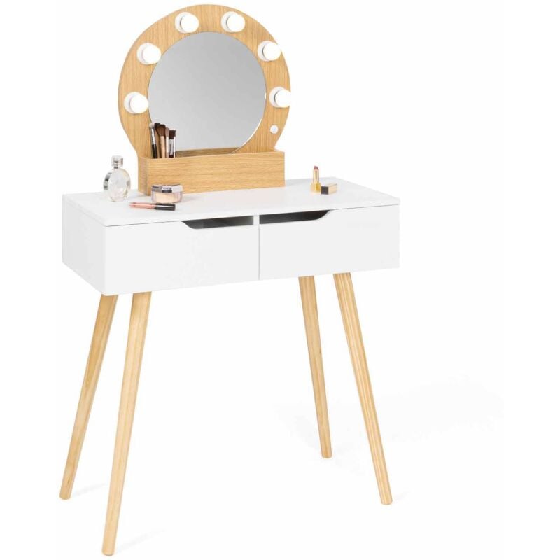 idmarket - coiffeuse scandinave 2 tiroirs horia bois et blanc avec miroir led - blanc