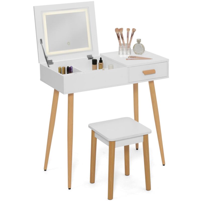 Idmarket - Coiffeuse scandinave lisa blanche miroir rabattable led et tabouret
