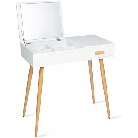 VASAGLE Coiffeuse avec Miroir et Ampoules, avec 2 tiroirs et 3 Compartiments Blanc