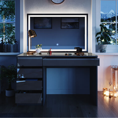 Vicco – Coiffeuse Sherry 120 cm – Miroir LED – Anthracite haute brillance – Panneau de particules 16 mm – Dimensions 120x75x55 cm