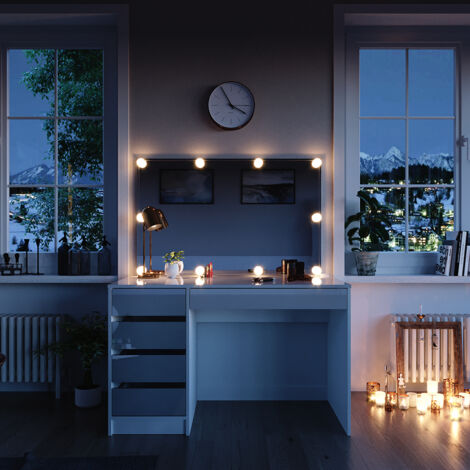 Vicco – Coiffeuse Sherry 120 cm – Blanc – Éclairage LED intégré – Panneau de particules avec revêtement mélamine – Étagères pratiques
