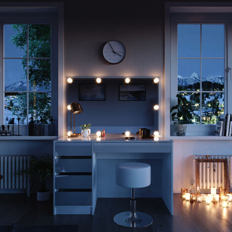 Vicco – Coiffeuse Sherry 120 cm – Blanc avec éclairage LED – Tabouret inclus – Panneau de particules 16 mm – Miroir rectangulaire