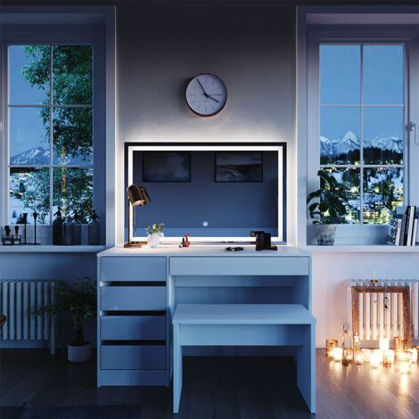 Vicco – Coiffeuse Sherry 120 cm – Miroir LED – Banc inclus – Panneau de particules 16 mm – Revêtement mélamine blanc haute brillance