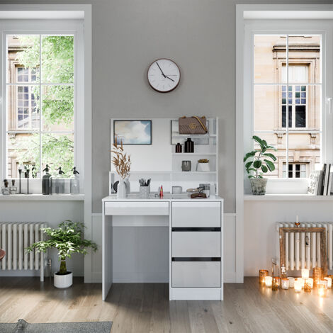 Vicco – Coiffeuse moderne avec miroir – Blanc haute brillance – Dimensions 90x75x40 cm – Panneau de particules 16 mm – 4 tiroirs spacieux