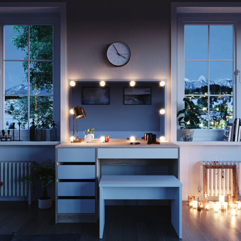 Coiffeuse Sherry, Blanc/Sonoma, 120cm avec éclairage LED et banc, Vicco
