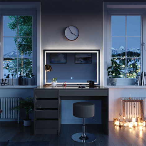 Vicco – Coiffeuse Sherry 120 cm – Miroir LED intégré – Tabouret inclus – Panneau de particules mélaminé – Dimensions 120x75x55 cm