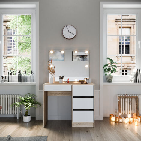 Ensemble Coiffeuse Conrada Vicco – Blanc Sonoma – Miroir + Tabouret + 4 Tiroirs