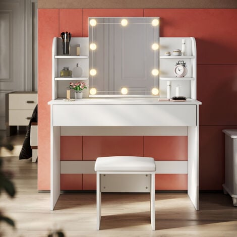 SUNXURY Coiffeuse SONNI Blanc avec miroir et tabouret,avec lampe à miroir Led,3 modes d'éclairage et 10 luminosités, fonction mémoire intelligente,108x40x140cm