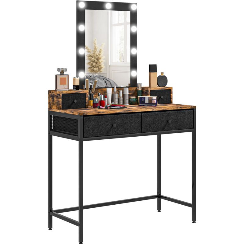 Homcom - Coiffeuse style industriel - miroir led réglable - 4 tiroirs tissu - acier noir aspect bois vieilli