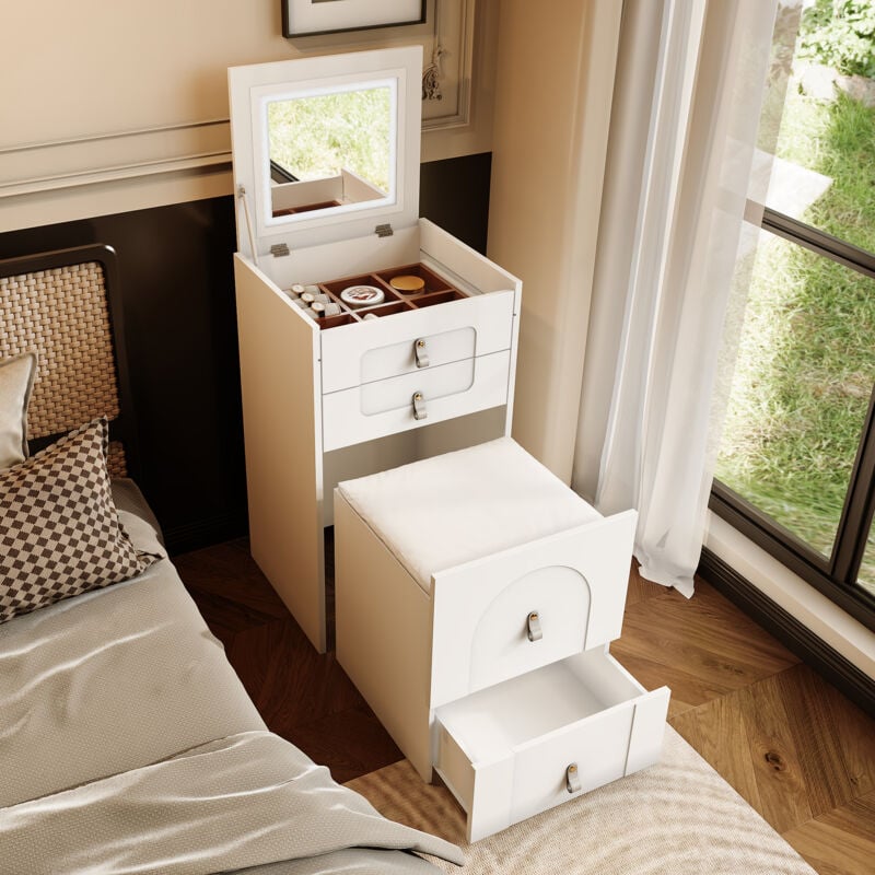 Yoleo - Coiffeuse + Table de chevet 2 en 1 avec Miroir led Éclairage Réglable,6 Compartiments + Tabouret de Rangement 1 Tiroir,50x40x80cm,Blanc