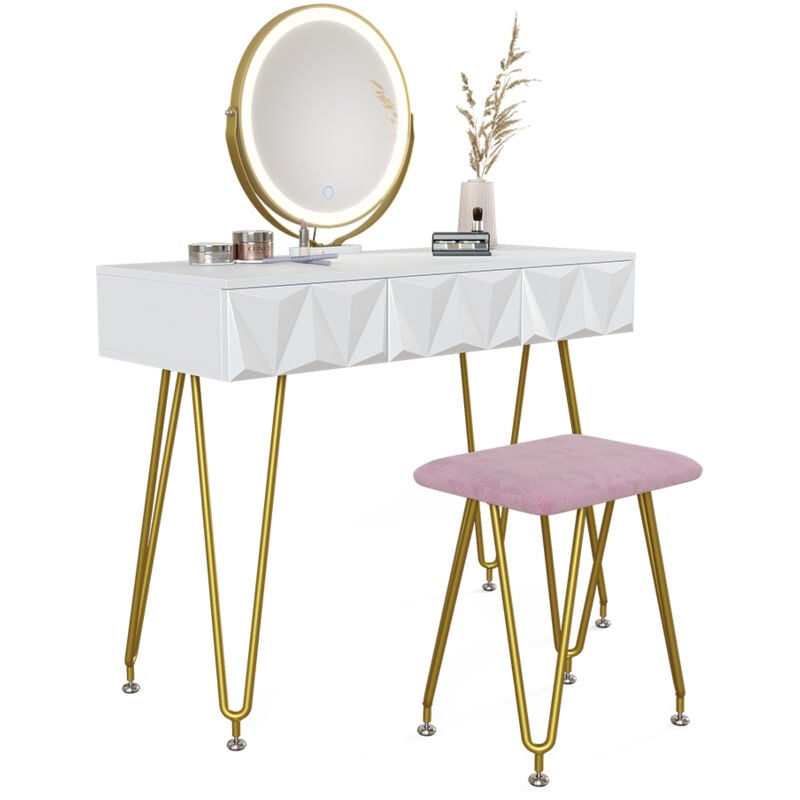 Vicco - Coiffeuse Ruby, Blanc, 100 cm avec éclairage led et tabouret