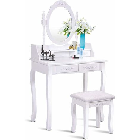 Coiffeuse Table de Maquillage 75x40x145CM avec Miroir Ovale 1 Tabouret Pieds en Pin et 4 Tiroirs Blanche