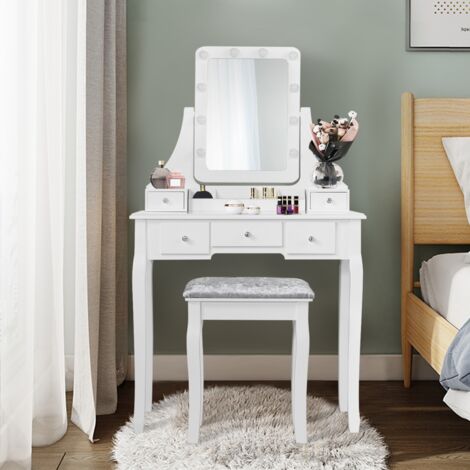 Coiffeuse Table de Maquillage avec 10 Ampoules LED avec 5 Tiroirs et Boîtes de Rangement Amovibles Blanc DESIGN IN