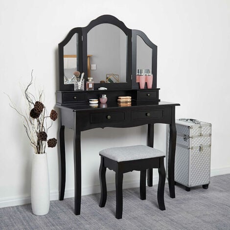 Coiffeuse Table de Maquillage avec 3 miroirs et 1 Tabouret + 4 tiroirs en MDF,Noir - MEERVEIL