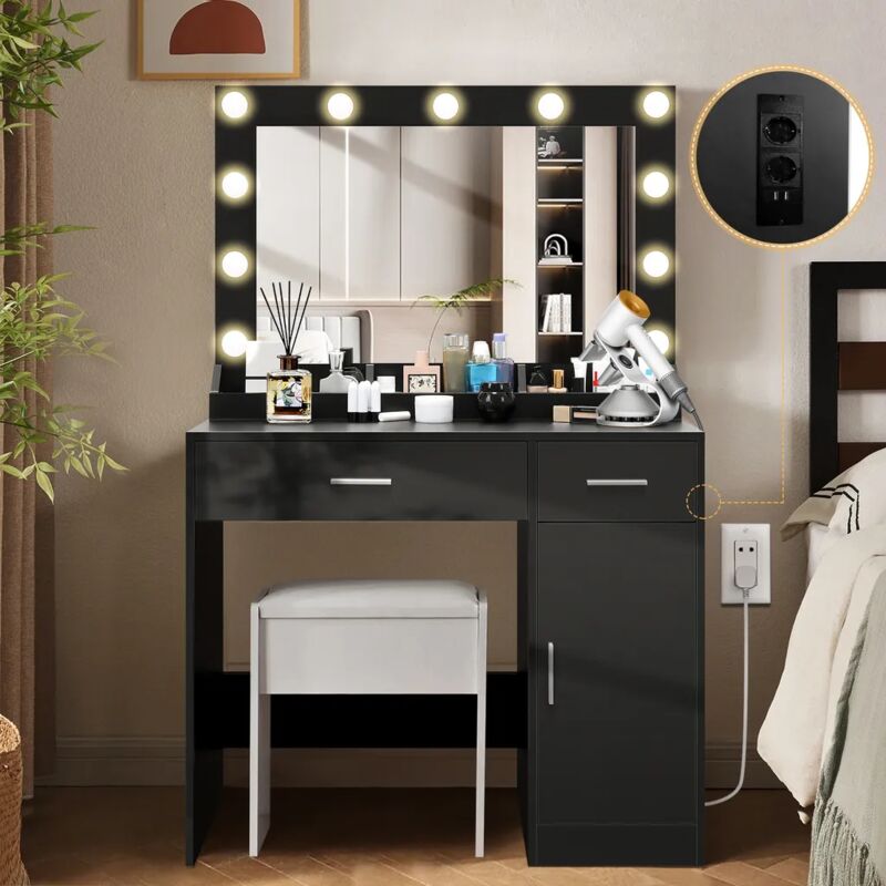 Coiffeuse avec Miroir, 92x40x145 cm Table de Maquillage avec 11 Ampoules LED, Luminosité Réglable, 2 Tiroirs et 3 Compartiments de Rangement, Style