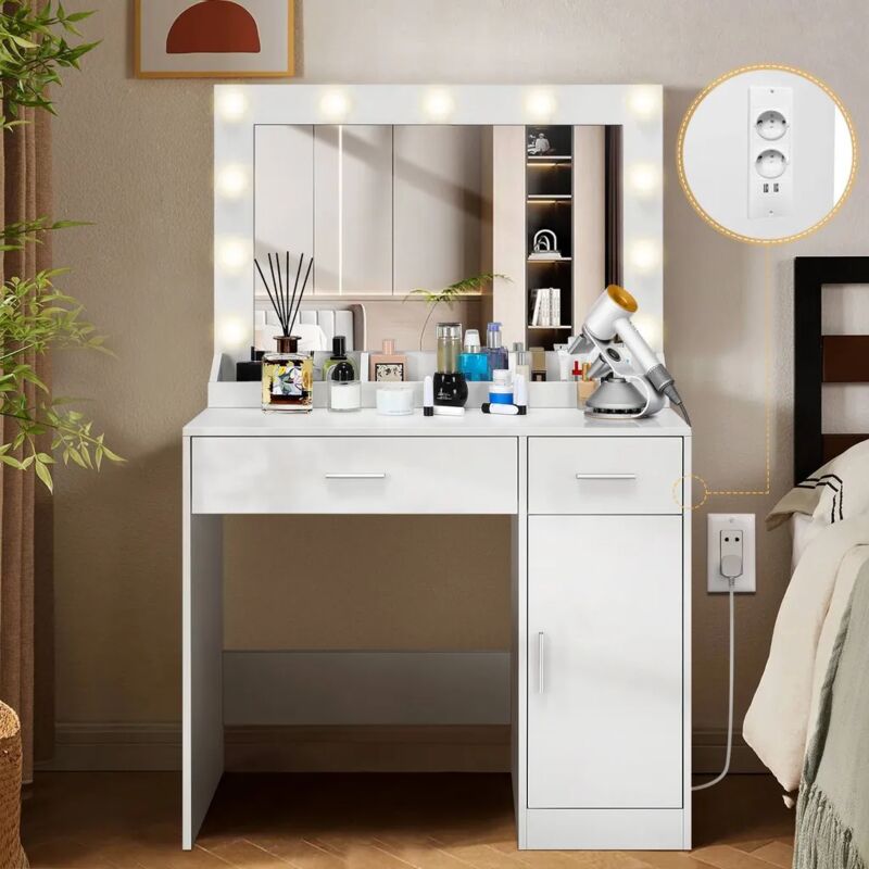 Coiffeuse moderne avec miroir – 92x40x145 cm – 11 lumières LED réglables – 2 tiroirs et 3 compartiments de rangement – Bois MDF blanc