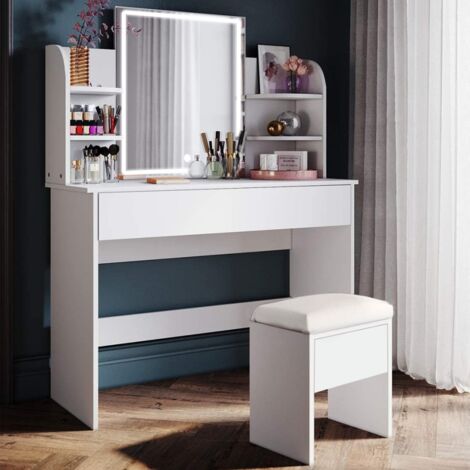 LLB LIVING LIFE BED Coiffeuse table de maquillage avec miroir à LED tiroir et tabouret blanc Astrid