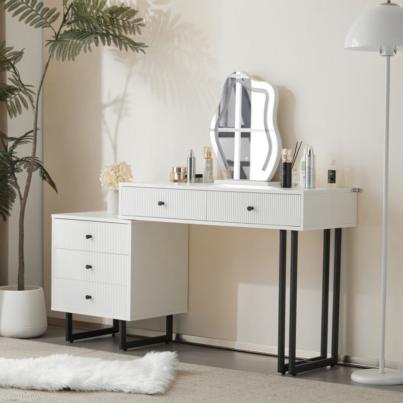 Coiffeuse, table de maquillage avec miroir et éclairage, plateau extensible, éclairage led 3 couleurs, dimensions : L100/H76/P40 cm (sans tabouret)