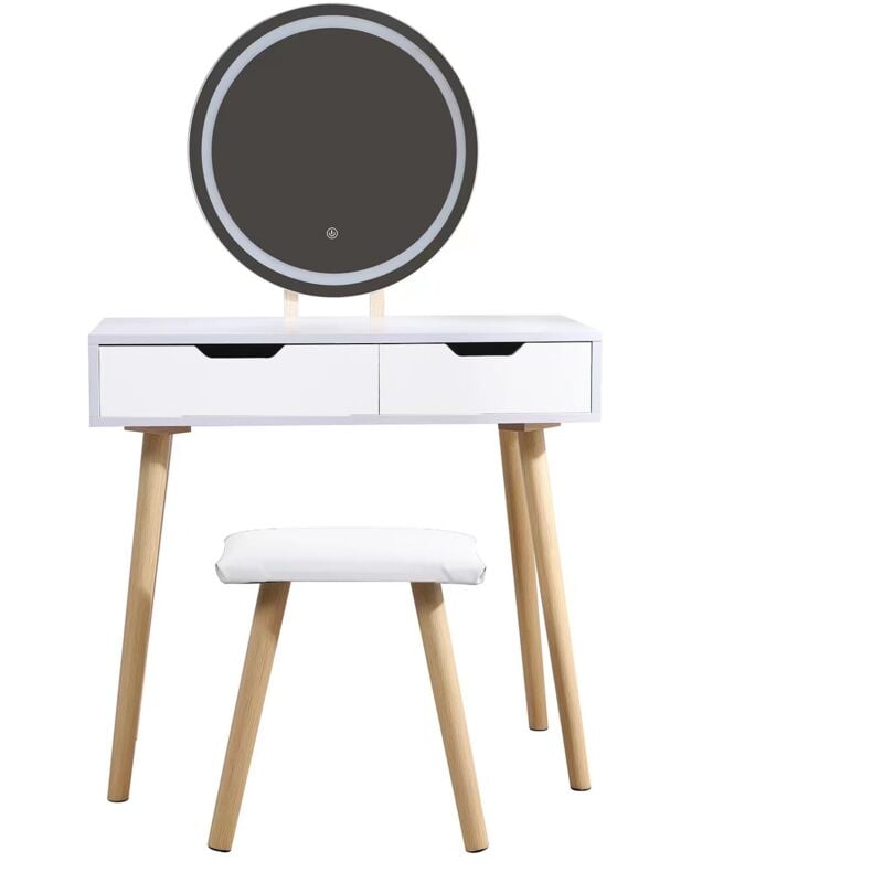 Pegane - Coiffeuse, Table de Maquillage avec Miroir led à luminosité réglable et Tabouret Blanc Longueur 80 x Profondeur 40 x Hauteur 130 cm