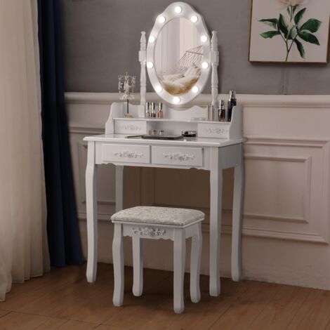 Coiffeuse Table de Maquillage avec Miroir Oval et 10 Ampoules LED à Intensité Variable 4 Tiroirs de Rangement Blanc