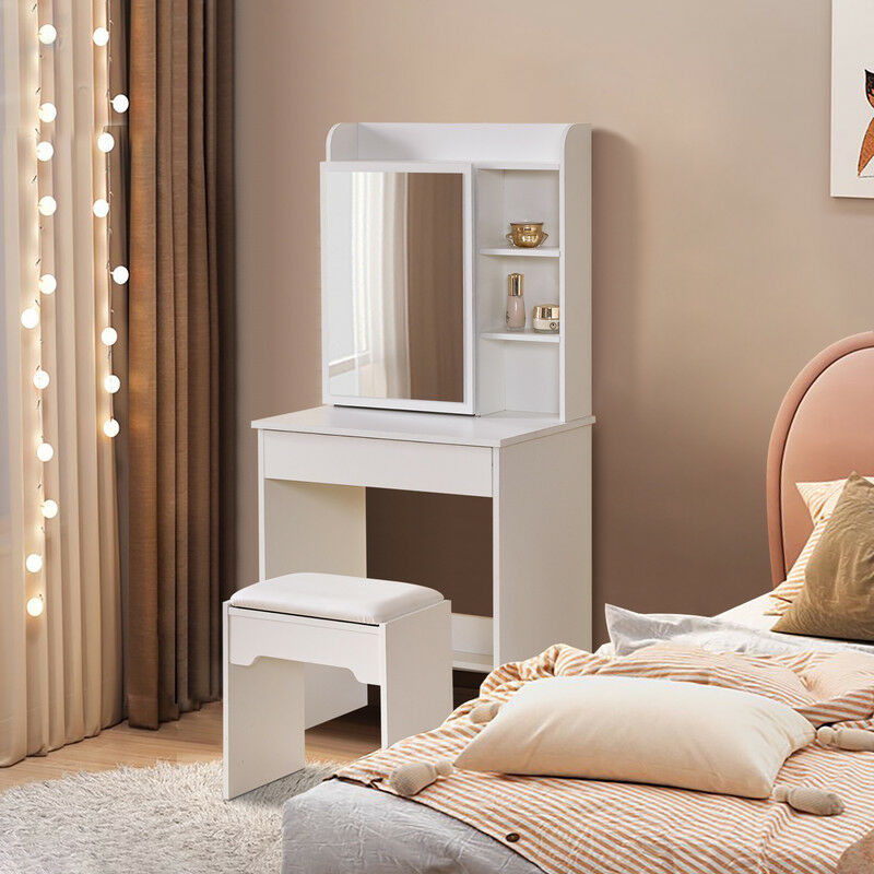Clipop - Coiffeuse avec miroir et tabouret, Rangement derrière le miroir, 60 x 40 x 130 cm,Style Moderne, Blanc