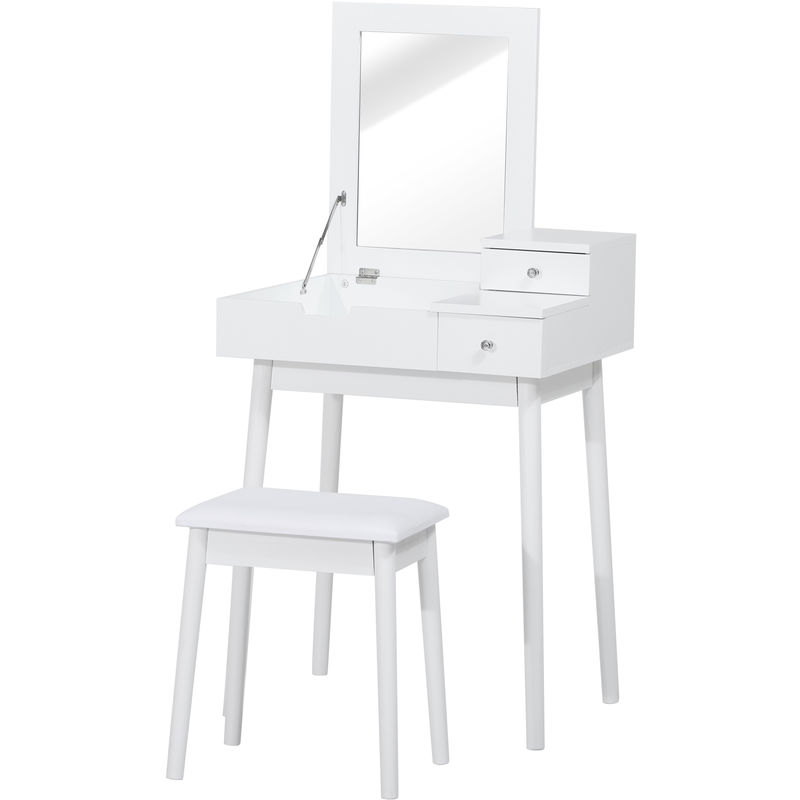 Coiffeuse table de maquillage avec tabouret miroir rabattable coffre + 2 tiroirs mdf bois massif pin blanc - Blanc