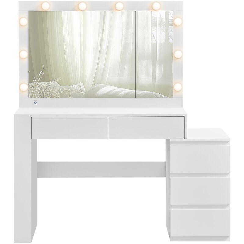 Vasagle - Coiffeuse, Table de Maquillage avec Tiroir, avec Éclairage led et Miroir, Armoire à Bijoux, Multiprise, 40 x 125 x 140 cm, Conception